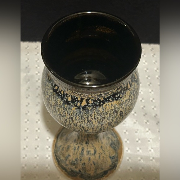 2 Hand Thrown Stoneware Studio Pottery Pedestal Chalice Cup Goblet Blue Brown - Picture 5 of 9